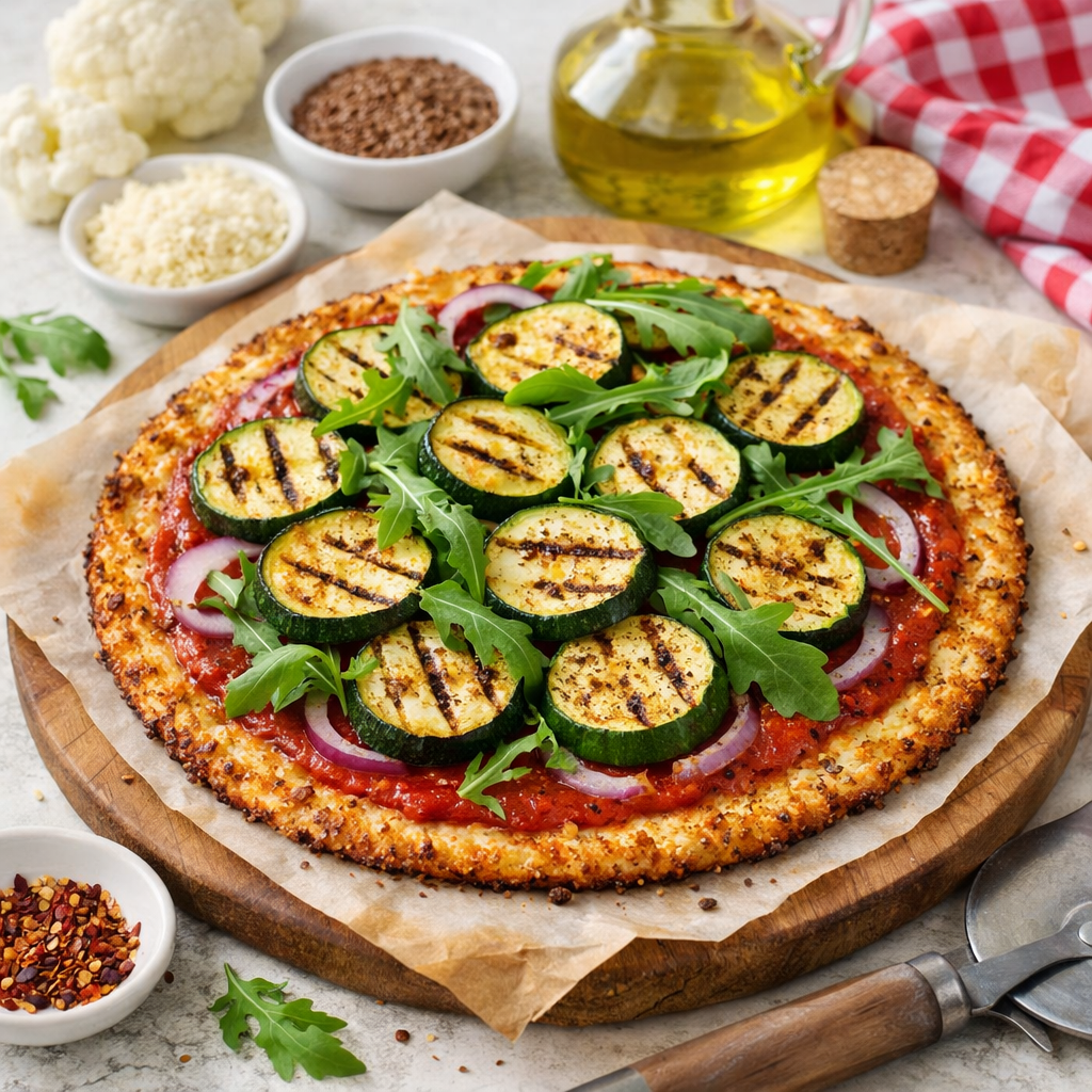 Gezonde bloemkoolpizza met gegrilde courgette en rucola, vegetarisch recept van Healthyslim in Zoetermeer