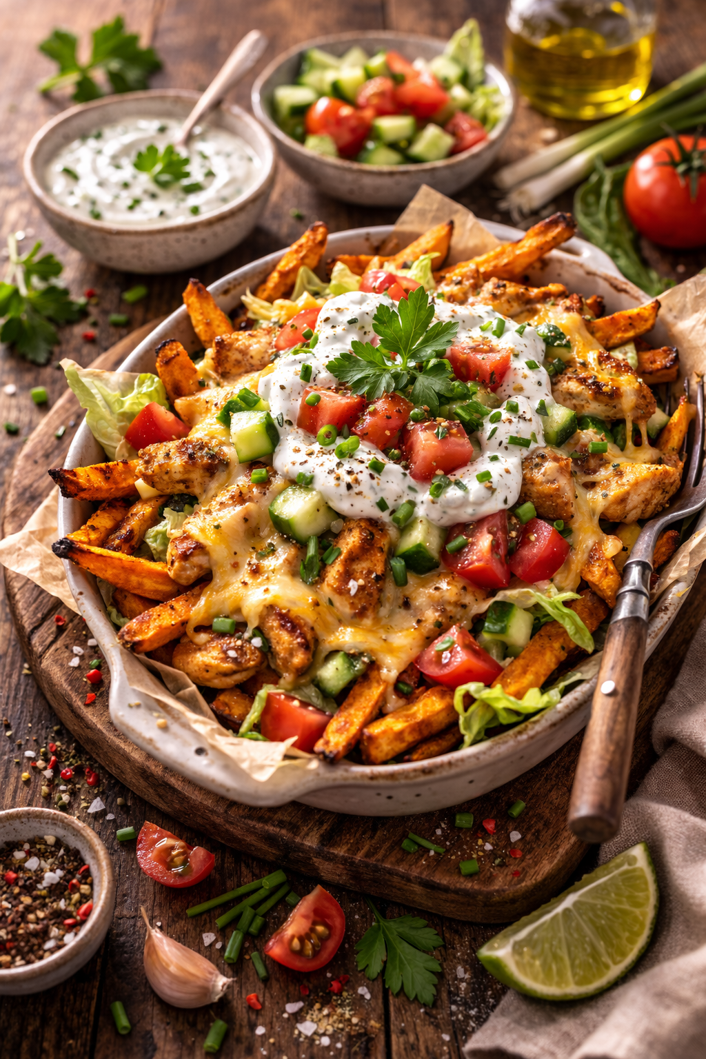 Gezonde kip kapsalon met zoete aardappelfriet en knoflooksaus, recept van Healthyslim in Zoetermeer