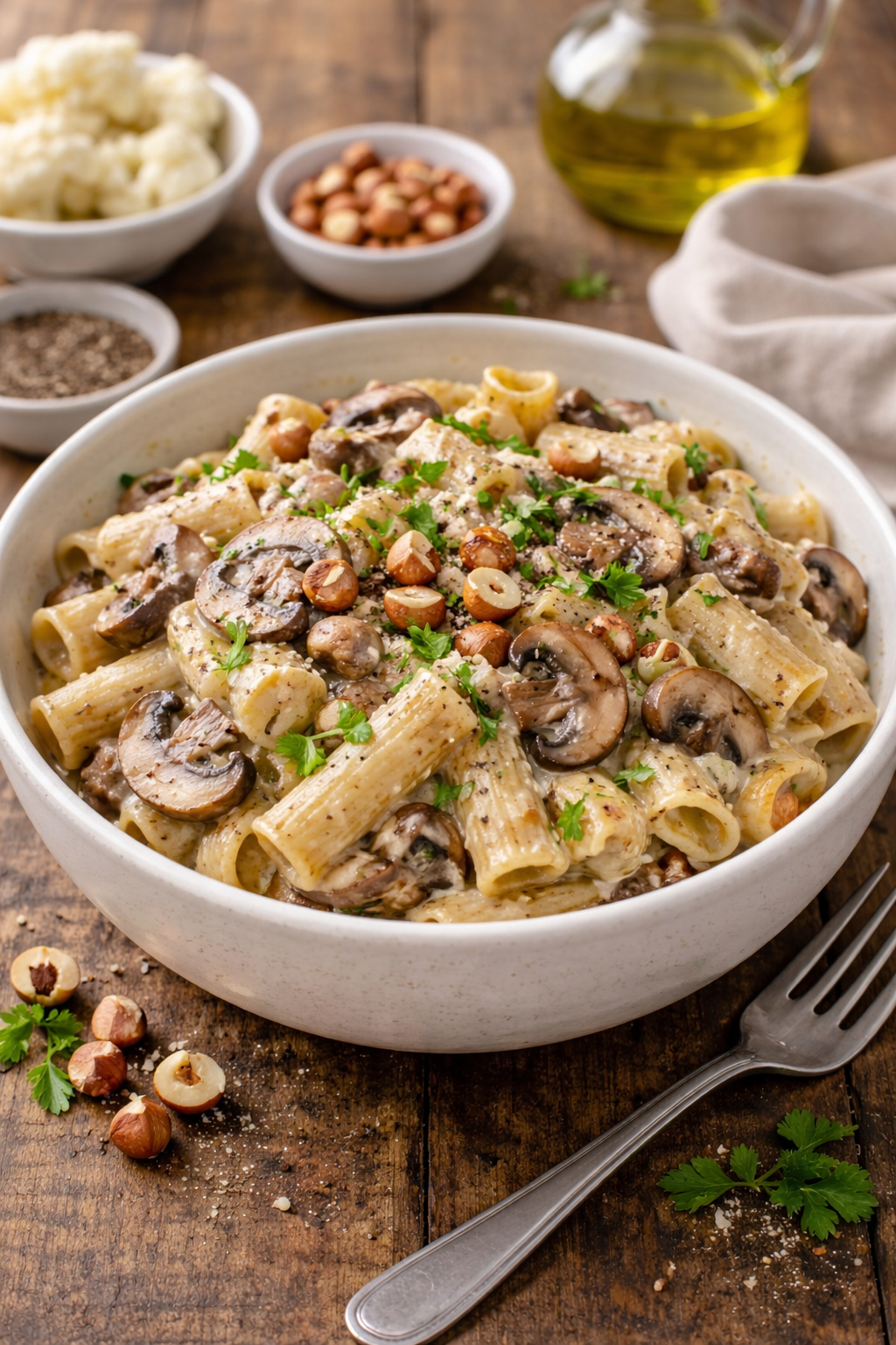 Vegan pasta met romige bloemkoolsaus, champignons en hazelnoten, gezond recept van Healthyslim in Zoetermeer