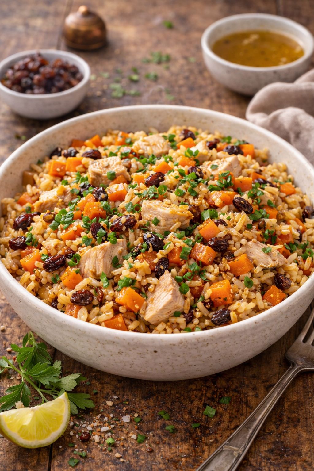 Gezonde pilav met kip, zilvervliesrijst en rozijnen, recept van Healthyslim in Zoetermeer