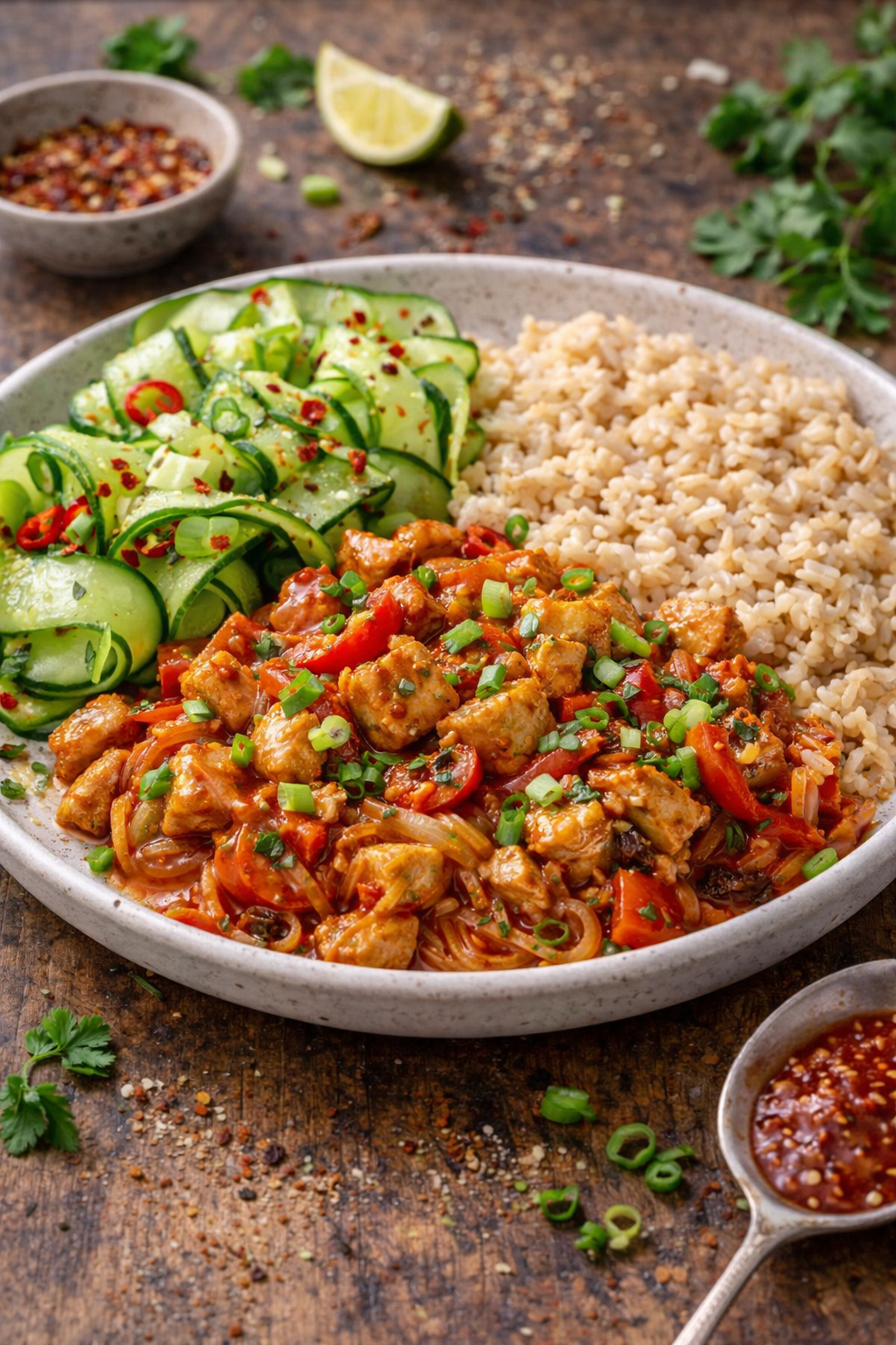 Pittige (vega) kipstukjes met rijst en komkommersalade, gezond recept van Healthyslim in Zoetermeer