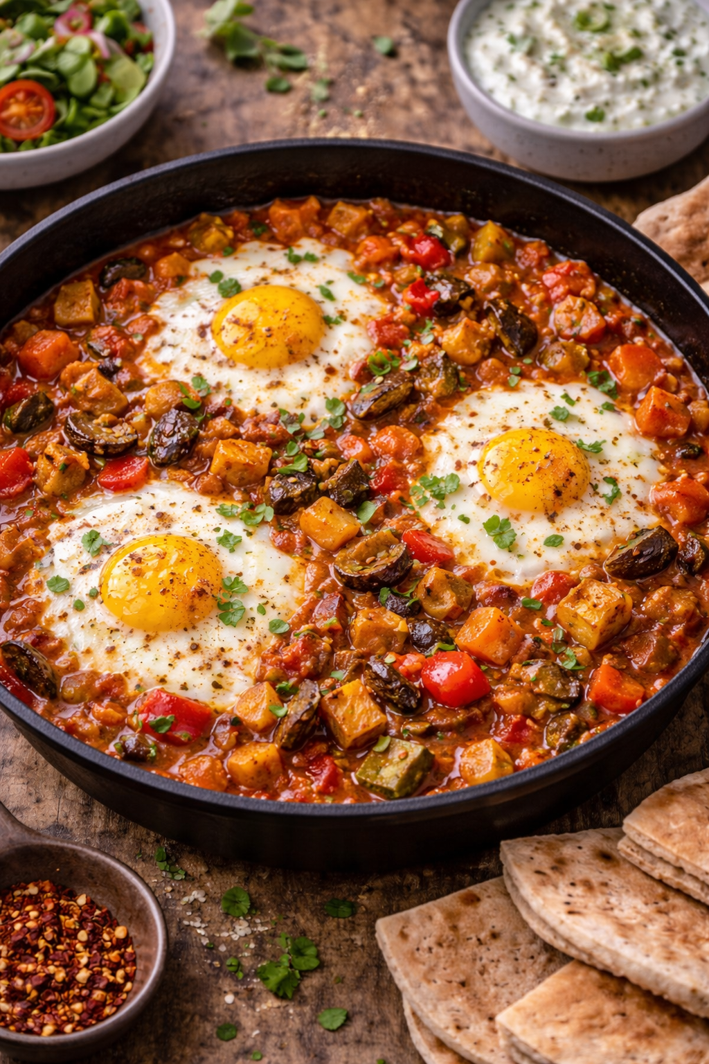 Shakshuka met groenten en ei in tomatensaus, gezond recept van Healthyslim in Zoetermeer