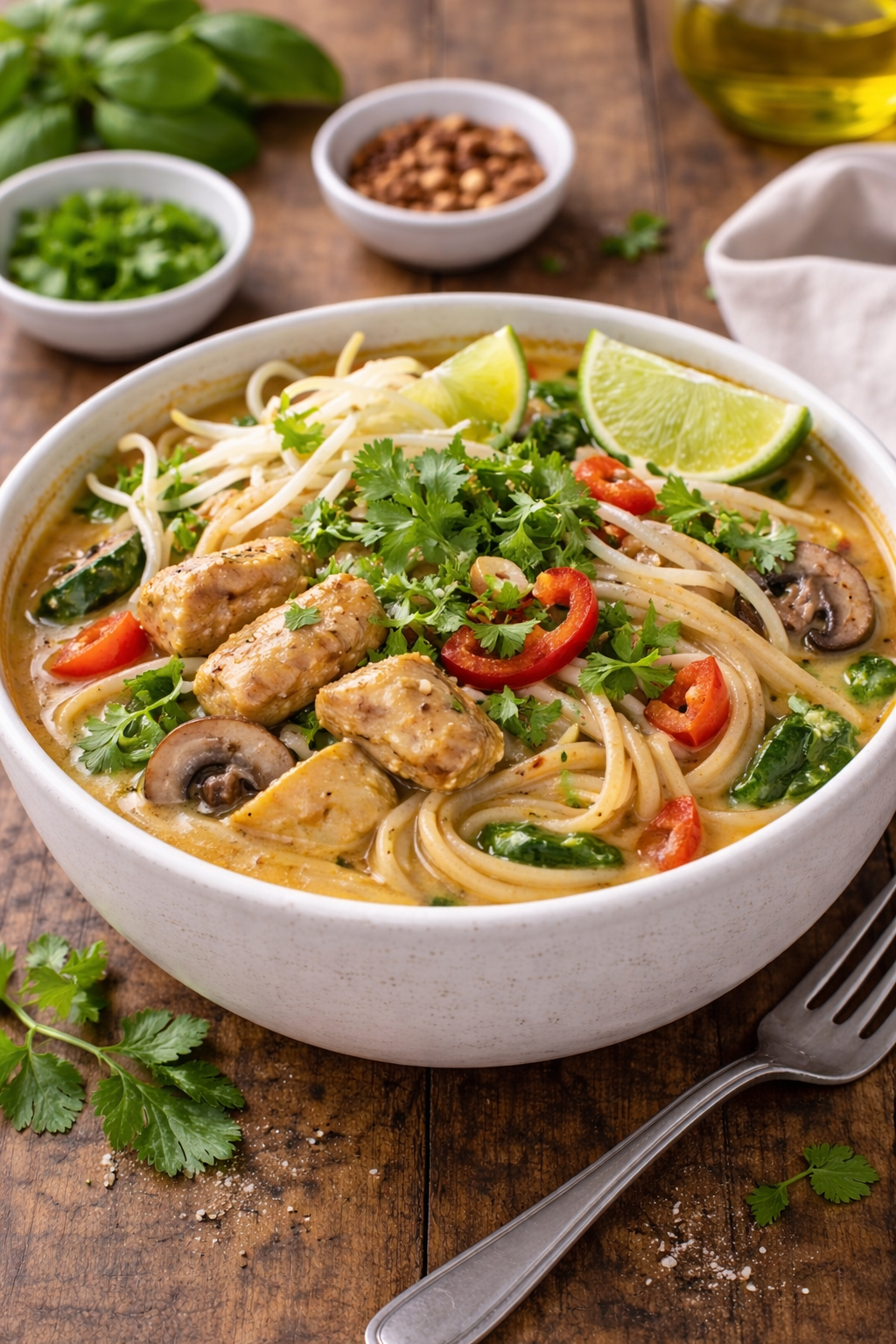 Gezonde Thaise kokossoep met vegan kipstukjes, groenten en volkoren noedels, recept van Healthyslim in Zoetermeer