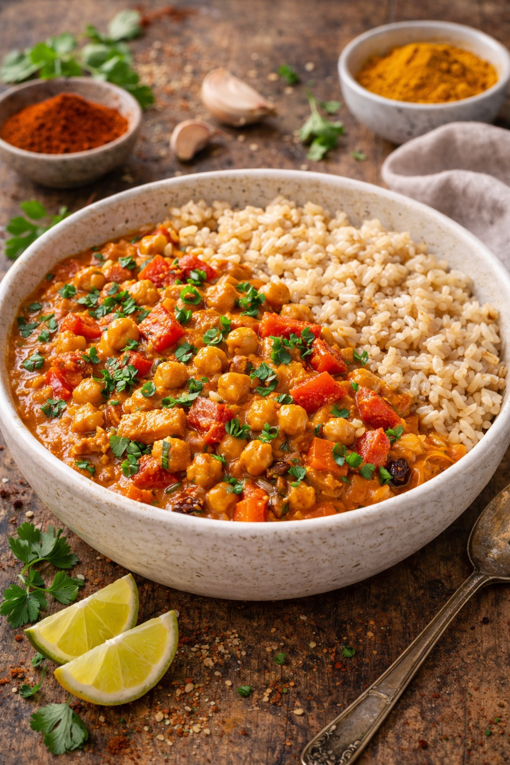 Gezonde vegetarische butter chicken met kikkererwten en rijst, recept van Healthyslim in Zoetermeer