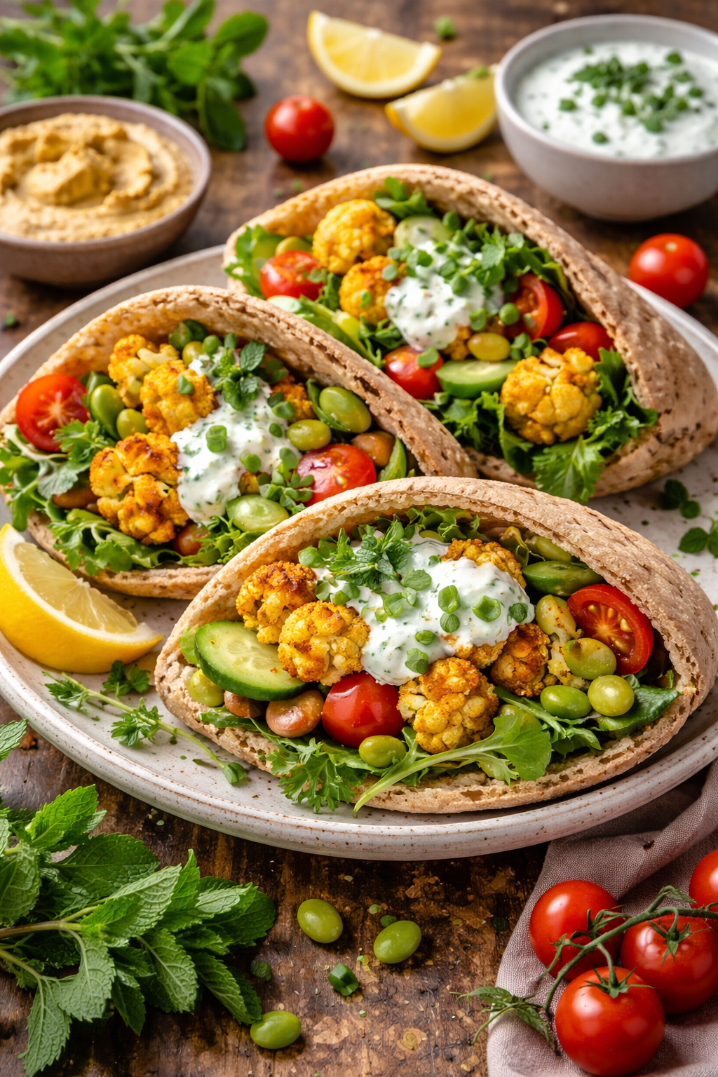 Volkoren pita met geroosterde bloemkool, hummus en muntsaus, gezond recept van Healthyslim in Zoetermeer